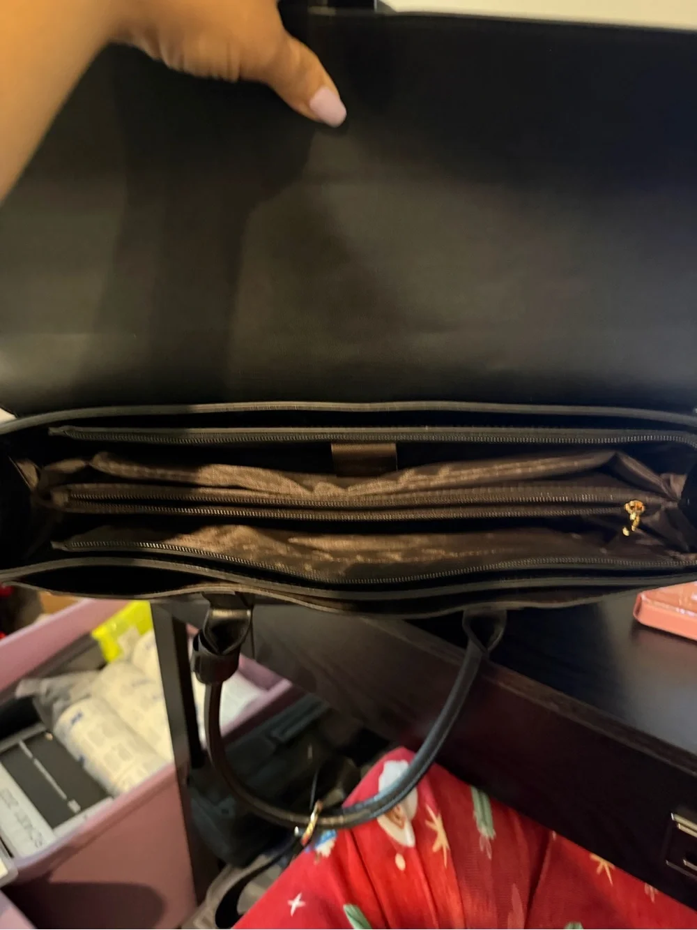 Mosun Black Leather Briefcase Tote with Decorative Bow